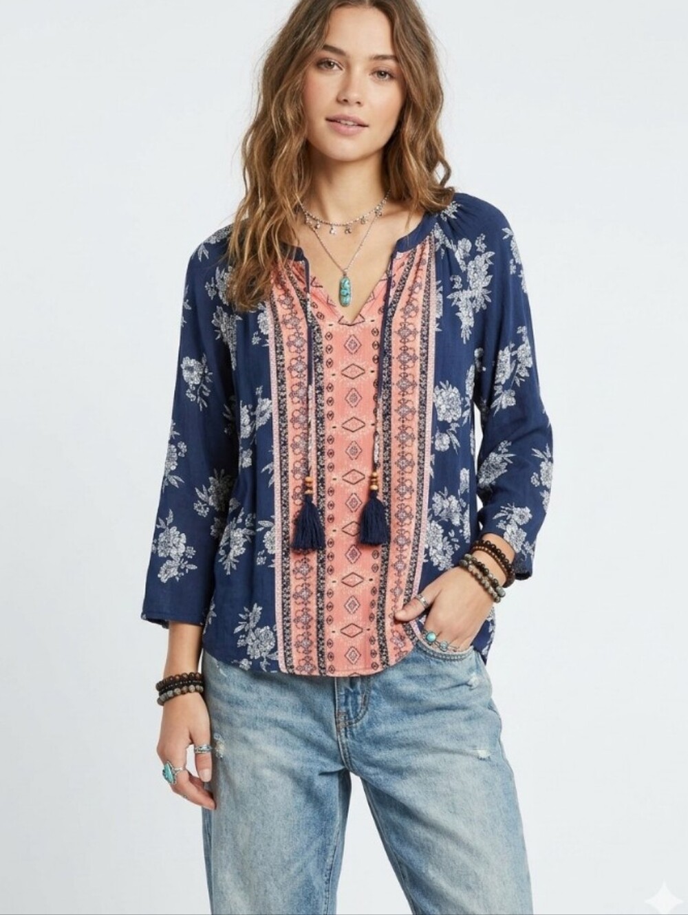Mason & Belle Boho Peasant Top W/Tassel & Bead Detail (XL)